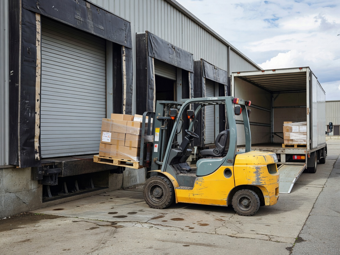 Real forklift operating near a commercial loading dock with warehouse doors, pallets and a delivery vehicle. Photorealistic documentary photography, natural colors, authentic industrial textures.