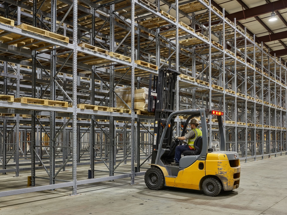 Real warehouse with tall industrial racking and a genuine forklift positioning a load at an appropriate storage level. Photorealistic, authentic industrial photography, realistic machinery.
