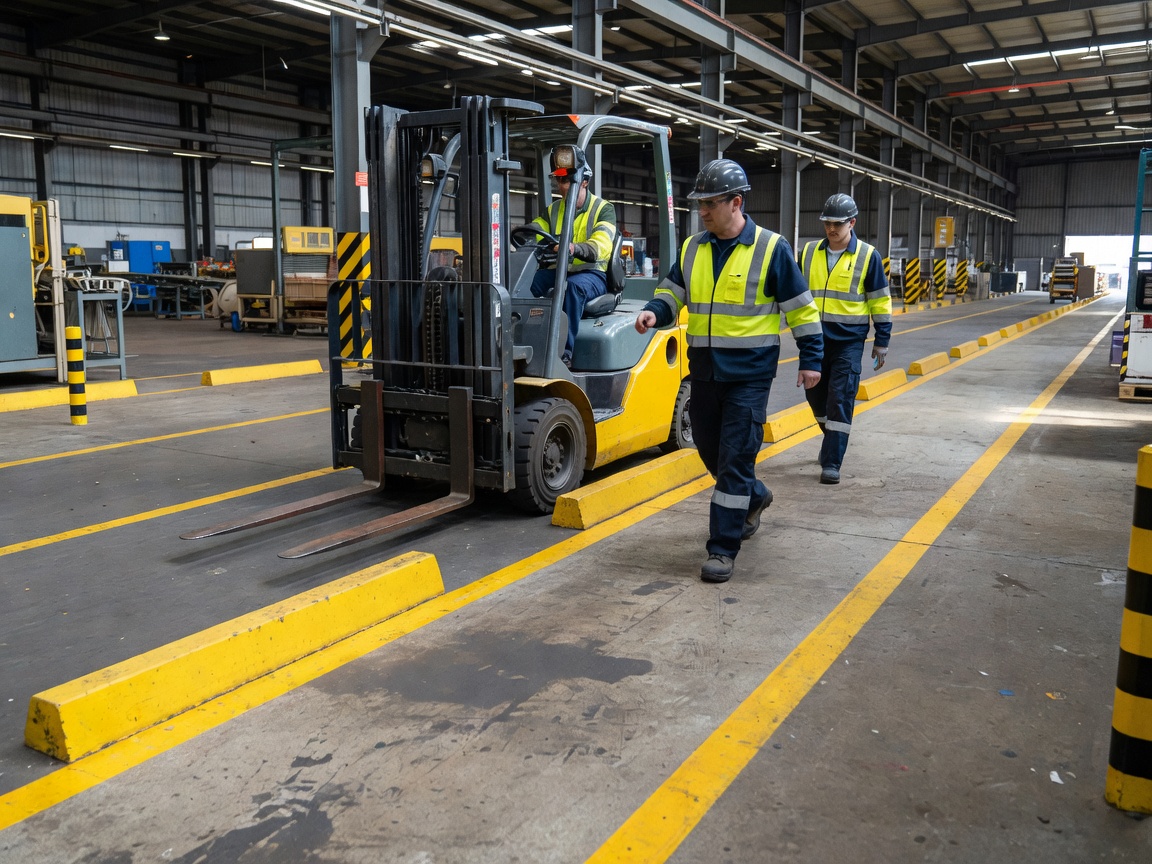 Real industrial workplace showing a forklift operating near clearly separated pedestrian walkways. Authentic photograph, natural human poses, realistic high-visibility workwear, natural lighting.