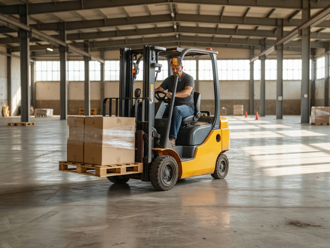 Real forklift training environment with an adult operator practising controlled movement in an open industrial area. Professional photograph, realistic warehouse floor, natural lighting.