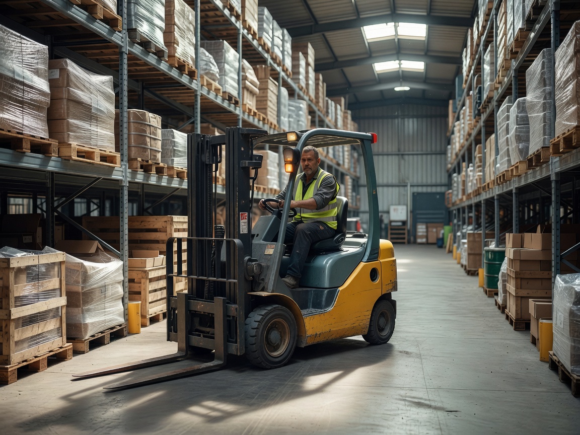 Real adult forklift operator driving through a genuine warehouse aisle with industrial shelving and stored pallets. Professional photograph, natural lighting, realistic shadows, authentic workplace.
