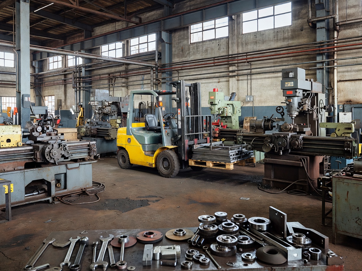 Real industrial workshop containing machinery, tools, metal components and a forklift operating within the workspace. Professional photograph, natural lighting, realistic environmental imperfections.