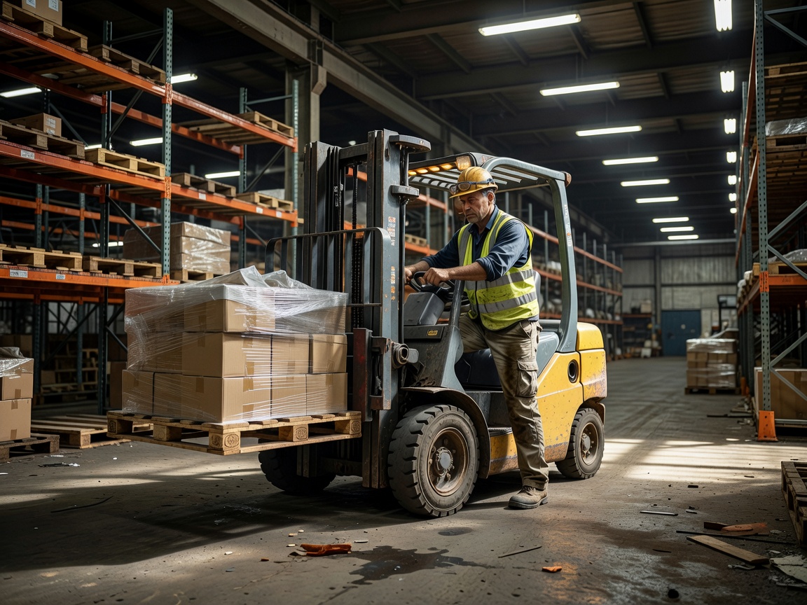 Real operator carefully moving a pallet through a genuine warehouse material-handling area. Professional photography, realistic forklift proportions, genuine industrial textures and shadows.