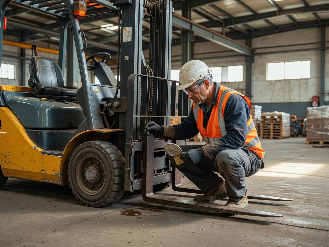 Real adult operator wearing appropriate PPE conducting a visual pre-operation inspection of a forklift. Authentic industrial photograph, real camera, natural lighting, realistic equipment.