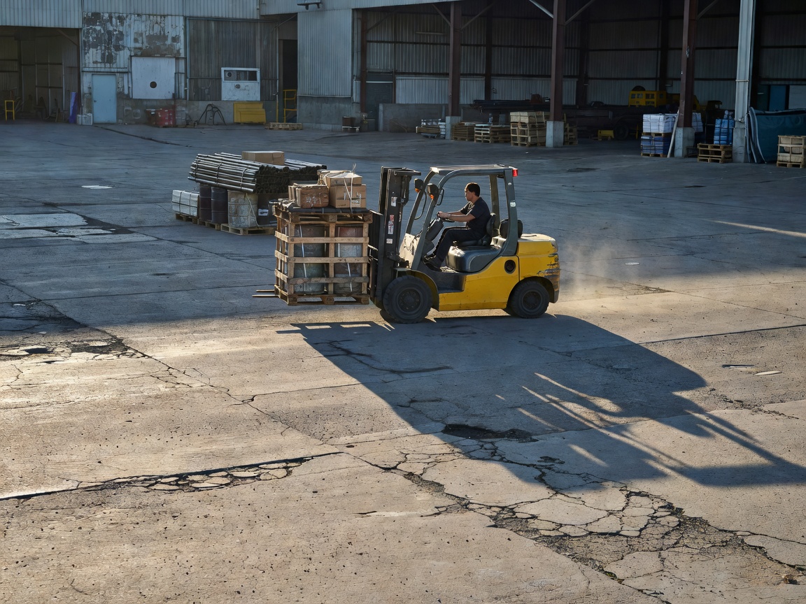 Real outdoor industrial yard with a forklift moving materials across a genuine commercial surface. Photorealistic documentary photograph, realistic outdoor lighting, authentic industrial setting.