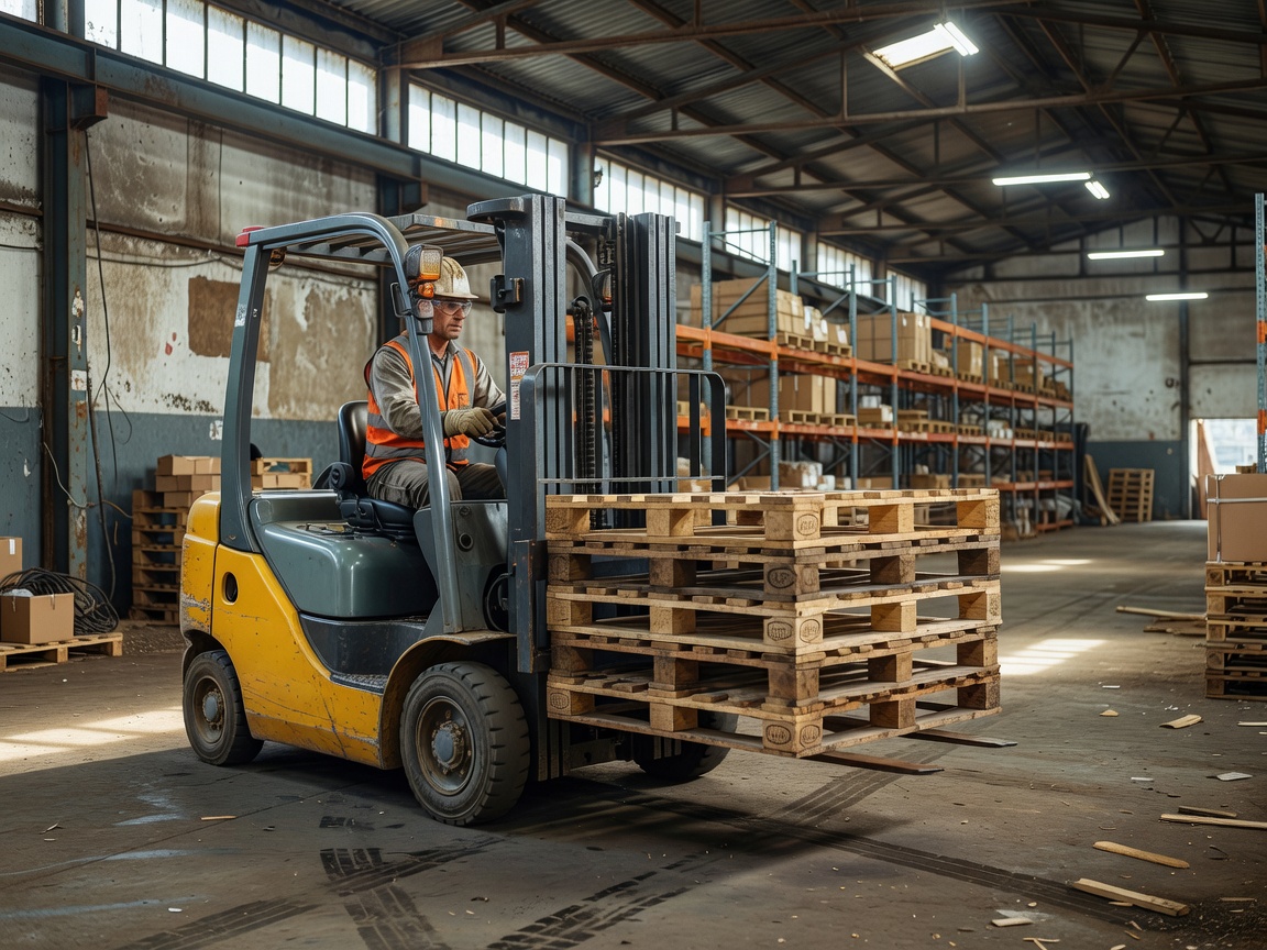 Real professional industrial photograph of a forklift operator moving pallets in a genuine warehouse. Photorealistic, real camera, natural lighting, realistic forklift proportions, authentic environment.