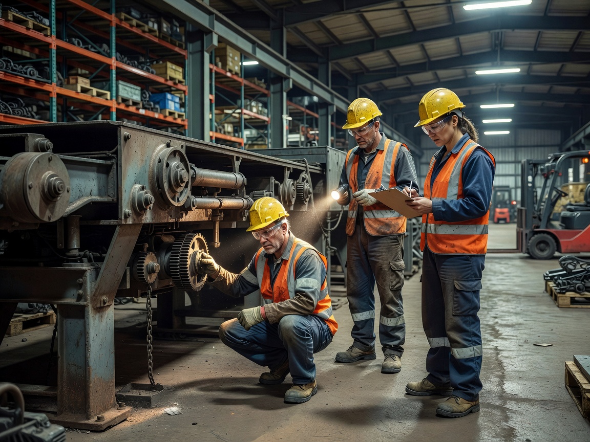 Real industrial workers conducting a safety inspection of equipment in a genuine warehouse. Professional photograph, authentic PPE, natural poses, realistic machinery and lighting.