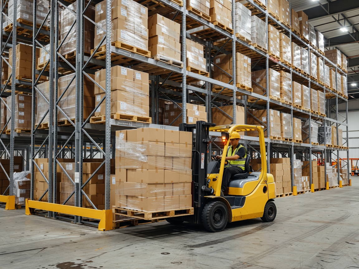 Real warehouse storage area with a forklift positioning a pallet near organised industrial racking. Professional real-world photograph, realistic lighting, genuine industrial environment.